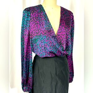 EXPRESS Silky Jewel-Tone Animal Print Wrap Bodysuit Blouse Small